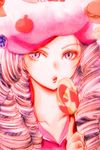  :o blue_eyes blue_hair candy collarbone eating eyelashes food happinesscharge_precure! hat holding holding_food hosshiwa inoue_hisami lollipop looking_at_viewer open_mouth pink_hat precure ringlets short_hair solo upper_body 