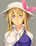  blonde_hair bow grey_background hat hat_bow jonylaser long_hair purple_eyes solo touhou watatsuki_no_toyohime 