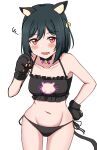  1girl animal_ears animal_hands bare_shoulders black_bra black_hair black_mittens black_panties blush bra breasts breasts_apart cat_cutout cat_day cat_ears cat_paws cat_tail clothing_cutout collarbone commentary_request fake_animal_ears fang groin hair_between_eyes hair_ribbon hand_on_own_hip highres looking_at_viewer love_live! love_live!_nijigasaki_high_school_idol_club midriff mifune_shioriko mittens navel open_mouth panties red_eyes ribbon short_hair small_breasts solo squiggle tail underwear upper_body wakame_miso white_background 