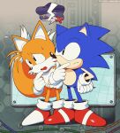  2boys black_eyes cloud commentary_request dark_clouds furry furry_male gloves hand_on_own_face highres male_focus multiple_boys multiple_tails show_chiku-by sonic_(series) sonic_the_hedgehog sonic_the_hedgehog_(classic) tail tails_(sonic) thought_bubble thunder two_tails white_gloves 