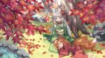  2girls animal_ear_fluff animal_ears autumn_leaves barefoot bell blurry blurry_foreground brown_hair closed_mouth commission day depth_of_field flower fox_ears fox_tail green_kimono grey_hair hair_bell hair_flower hair_ornament japanese_clothes jingle_bell kazana_(sakuto) kimono lap_pillow leaf long_hair long_sleeves lying maple_leaf multiple_girls obi on_grass on_side original outdoors red_flower red_kimono sash seiza sitting skeb_commission sleeves_past_fingers sleeves_past_wrists smile tail thick_eyebrows tree very_long_hair wide_sleeves yellow_eyes 
