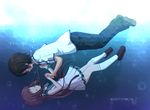  1girl black_eyes black_hair brown_hair closed_eyes dress hazuki_(nukisasi) kihara_tsumugu long_hair mukaido_manaka nagi_no_asukara sailor_dress school_uniform serafuku short_hair tears underwater 