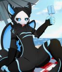 5_fingers anthro beach biped black_body black_fur black_sclera blue_eyes changed_(video_game) cloud fingers food fur hi_res holding_food holding_object holding_popsicle kiyokiyowou male parasol popsicle puro_(changed) solo tail