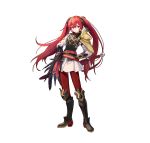  1girl absurdres armor boots fire_emblem fire_emblem_fates fire_emblem_heroes gambeson gloves hair_ribbon highres long_hair looking_at_viewer official_art open_mouth red_eyes red_hair ribbon selena_(fire_emblem_fates) selena_(resplendent)_(fire_emblem_fates) solo sword twintails very_long_hair weapon white_background 