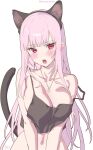  1girl :o animal_ears armpit_crease bare_shoulders blush breasts cat_ears cat_girl cat_tail cleavage collarbone commentary highres hololive hololive_english jewelry kamiya_maneki large_breasts light_blush long_hair looking_at_viewer mask midriff mori_calliope necklace open_mouth pink_eyes pink_hair red_nails red_ribbon ribbon shirt simple_background skull_necklace solo tail virtual_youtuber white_background 