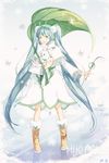  absurdres ahoge aqua_eyes aqua_hair artist_name bad_id bad_pixiv_id boots brown_footwear bunny character_name flower fur_boots giant_leaf hatsune_miku headset highres leaf_umbrella long_hair open_mouth snow_boots snowdrop_(flower) snowflakes twintails very_long_hair vocaloid yuki_miku yukine_(vocaloid) 