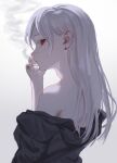  1girl absurdres black_shirt earrings from_behind hand_on_own_face highres jewelry kyano_(kyanora3141) long_hair looking_at_viewer off_shoulder original red_eyes ringed_eyes shirt sidelocks smoke solo upper_body white_hair 