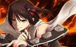  aoyashio_rin bad_id bad_pixiv_id bangs bare_shoulders brown_eyes brown_hair cannon colorized commentary elbow_gloves fingerless_gloves fire gloves hair_ornament kairoushu_(dones01127) kantai_collection remodel_(kantai_collection) scarf sendai_(kantai_collection) short_hair sleeveless smile solo torpedo turret two_side_up white_scarf 