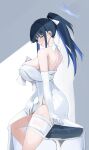  1girl absurdres black_hair blue_archive blue_eyes blue_hair blue_halo breasts chair colored_inner_hair dress elbow_gloves gloves halo highres kasumi_saika large_breasts long_hair multicolored_hair official_alternate_costume saori_(blue_archive) saori_(dress)_(blue_archive) sitting solo white_dress white_gloves 