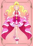  blonde_hair bow closed_eyes cure_flora dress dress_lift earrings gloves go!_princess_precure haruno_haruka jewelry kanro_(nijiiro) long_hair magical_girl multicolored_hair pink_background pink_bow pink_hair precure smile solo two-tone_hair white_gloves 