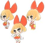  1girl blush bow brown_hair child gloves hair_bow lowres lulu_(warioware) multiple_views official_art overalls red_bow red_overalls short_hair smirk takeuchi_kou third-party_source warioware warioware:_get_it_together! white_gloves yellow_gloves 