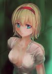  alice_margatroid blonde_hair blue_eyes breasts collarbone culter hairband hospital_gown medium_breasts no_bra shirt solo touhou upper_body 
