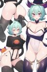  1girl absurdres animal_ears aqua_hair ass bewitching_elise black_choker black_nails black_panties black_thighhighs breasts cameltoe cat_ears cat_tail choker chromatic_aberration cleavage covered_navel crossed_bangs elbow_gloves elise_(league_of_legends) fingernails gloves hair_between_eyes hair_intakes hat high_heels highres key league_of_legends leotard lower_teeth_only medium_breasts nail_polish one_eye_closed open_mouth panties purple_eyes purple_gloves purple_thighhighs reiko_lape short_hair simple_background skindentation smile tail teeth thighhighs thighs tongue tongue_out underwear white_background white_leotard witch_hat 