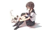  anchor_symbol animal black_hair black_skirt cat fubuki_(kantai_collection) haiiro kantai_collection kneehighs leg_hug looking_down no_shoes pleated_skirt ponytail remodel_(kantai_collection) sailor_collar school_uniform serafuku short_hair short_sleeves simple_background sitting skirt solo whiskers white_background 