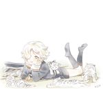  blonde_hair borrowed_garments flock full_body gokotai gokotai's_tigers hair_over_one_eye hat hat_removed headwear_removed lying male_focus mizuhara_aki negative_space no_shoes on_stomach open_mouth peaked_cap shorts socks solo sploot tiger tiger_cub touken_ranbu white_background white_tiger yellow_eyes 
