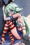  1girl 1other black_hairband black_neckerchief black_panties blue_sailor_collar blue_skirt cosplay crop_top crying crying_with_eyes_open eckert&amp;eich elbow_gloves gloves green_eyes green_hair hair_flaps hairband highleg highleg_panties highres kantai_collection looking_at_viewer microskirt miniskirt neckerchief one-hour_drawing_challenge panties pleated_skirt sailor_collar shimakaze_(kancolle) shimakaze_(kancolle)_(cosplay) shirt skirt sleeveless sleeveless_shirt striped_clothes striped_thighhighs syringe tears thighhighs trembling underwear white_gloves 