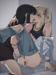  2girls bare_shoulders black_hair black_skirt black_sports_bra blonde_hair blush bracelet chain_necklace chinese_commentary commentary_request denim fingering french_kiss hair_ribbon hand_on_another&#039;s_shoulder highres indoors inoue_takina jeans jewelry kiss kneeling long_hair long_sleeves lycoris_recoil medium_hair multiple_girls necklace nishikigi_chisato off_shoulder pants pink_shirt pussy_juice red_eyes red_ribbon ribbon saliva shirt sitting skirt sports_bra tearing_up tongue tongue_out torn_clothes torn_pants white_shirt yanlingjinshilihuahua yuri 