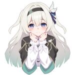  1girl black_hairband black_jacket blue_eyes blue_pupils blue_ribbon blush bow closed_mouth collared_shirt cropped_torso firefly_(honkai:_star_rail) gradient_hair green_hair green_jacket grey_hair hair_between_eyes hair_bow hair_intakes hair_ribbon hairband hands_on_own_cheeks hands_on_own_face highres honkai:_star_rail honkai_(series) jacket long_hair long_sleeves looking_at_viewer multicolored_hair ribbon ruochi_lk shirt sidelocks simple_background smile solo straight-on two-sided_fabric two-sided_jacket two-tone_eyes two_side_up white_background white_bow white_shirt yellow_eyes 