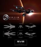  3d battlecruiser_(eve_online) blender_(medium) caldari_state_(eve_online) commentary concept_art copyright_name dasaniwaters emblem eve_online flying from_side glowing highres in_orbit logo military_vehicle multiple_views no_humans original outdoors photoshop_(medium) planet realistic reference_sheet science_fiction sky space spacecraft star_(sky) starry_sky thrusters vehicle_focus 
