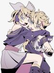  1boy 1girl bare_shoulders blonde_hair blue_eyes bow fang hair_bow hair_ornament hairclip headphones highres hug jacket kagamine_len kagamine_rin looking_at_another looking_at_viewer mangomelange multicolored_hair muse_dash open_mouth purple_hair purple_jacket shirt short_hair siblings sitting skin_fang skirt sleeveless sleeveless_shirt smile star_(symbol) star_hair_ornament streaked_hair triangle_mouth twins vocaloid white_bow white_shirt white_skirt 