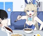  ... 1boy 1girl animal_ears bare_shoulders black_eyes black_hair blonde_hair blue_archive blue_bow blue_eyes blue_halo blue_leotard bow braid breasts chopsticks collared_shirt commentary_request couch curry detached_collar fake_animal_ears food food_on_face food_request french_braid hair_bow halo highres holding holding_chopsticks indoors jamongssui korean_commentary leotard long_hair looking_at_another medium_breasts multicolored_hair official_alternate_costume on_couch open_mouth rabbit_ears sensei_(blue_archive) shirt short_hair sidelocks sitting spoken_ellipsis strapless strapless_leotard streaked_hair sweat toki_(blue_archive) toki_(bunny)_(blue_archive) upper_body v-shaped_eyebrows very_long_hair white_shirt 