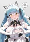  1girl @_@ absurdres animal_ear_fluff animal_ears aqua_hair bare_shoulders blush breasts cat_ears cleavage commentary_request elbow_gloves embarrassed gloves goddess_of_victory:_nikke grey_background heart heart-shaped_boob_challenge heart_hands highres huge_breasts large_areolae lia_(pzvs3887) long_hair looking_at_viewer maid official_alternate_costume open_mouth paw_hair_ornament privaty_(nikke) privaty_(unkind_maid)_(nikke) simple_background solo spoken_squiggle squiggle twintails white_gloves yellow_eyes 