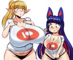 animal_humanoid big_breasts black_clothing black_panties black_underwear blonde_hair blue_hair breasts cat_humanoid cleavage clothed clothing duo elf felid felid_humanoid feline feline_humanoid female hair hi_res huge_breasts humanoid humanoid_pointy_ears inner_ear_fluff long_hair mammal mammal_humanoid not_furry panties patreon patreon_logo ponytail pubes red_hair slightly_chubby southger tuft underwear