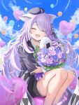  1girl animal_ear_fluff animal_ears beret blush bouquet cat_ears cat_girl cat_tail closed_eyes flower food hat highres hololive nekomata_okayu nekomata_okayu_(wonderland) official_alternate_costume onigiri onigirya_(nekomata_okayu) open_mouth purple_hair shirt solo tail torakichi_888 virtual_youtuber white_shirt 