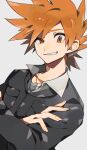  1boy black_jacket blue_oak brown_eyes commentary_request grey_background highres jacket jewelry kawasaki_(kwsk_8765) leather leather_jacket male_focus necklace orange_hair pokemon pokemon_hgss raised_eyebrow short_hair simple_background smile solo spiked_hair teeth upper_body 