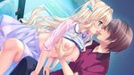  1girl blonde_hair blush breast_grab breasts brown_hair faceless faceless_male game_cg grabbing green_eyes hair_ornament hetero large_breasts long_hair natsu_no_iro_no_nostalgia nipples open_mouth saliva saliva_trail shinjouji_ayane shirt shirt_lift short_hair skirt tongue tongue_out yamakaze_ran 