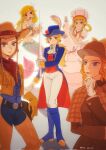  5girls ascot blonde_hair brooch brown_coat brown_hair brown_headwear chaps chef_hat coat company_connection cosplay cowboy_hat cowgirl_peach cowgirl_peach_(cosplay) detective detective_peach detective_peach_(cosplay) epee gloves hat highres in-franchise_crossover jewelry looking_at_viewer mario_(series) mermaid mermaid_peach mermaid_peach_(cosplay) monster_girl multiple_girls multiple_persona patissiere_peach patissiere_peach_(cosplay) pointy_ears princess_peach princess_peach:_showtime! princess_peach_(cosplay) princess_zelda rapier sword swordfighter_peach swordfighter_peach_(cosplay) the_legend_of_zelda the_legend_of_zelda:_breath_of_the_wild the_legend_of_zelda:_ocarina_of_time the_legend_of_zelda:_skyward_sword the_legend_of_zelda:_the_wind_waker the_legend_of_zelda:_twilight_princess toon_zelda vest weapon white_gloves yushx31 