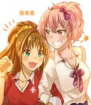  aqua_eyes bad_id bad_pixiv_id blush bow brown_hair grin hair_bow height_difference high_ponytail hino_akane_(idolmaster) idolmaster idolmaster_cinderella_girls jougasaki_mika locked_arms multiple_girls open_mouth pengin_de pink_hair scrunchie smile translated yellow_eyes 