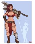  2girls abs armor axe boots breasts brown_hair cleavage giant giantess gloves height_difference highres horseshoe large_breasts long_hair multiple_girls muscular muscular_female original pauldrons polearm shardanic shoulder_armor shoulder_spikes signature silhouette single_pauldron size_difference smile spear spikes tattoo thick_thighs thighs weapon yellow_eyes 