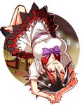  black_hair bow breasts dress jonylaser kijin_seija large_breasts multicolored_hair oni_horns print_dress puffy_short_sleeves puffy_sleeves short_sleeves smile solo streaked_hair touhou upside-down 