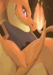  ajin_(ajinhdremix) animal_focus artist_name bright_pupils charizard closed_mouth commentary dated dragon english_commentary fang fang_out fire flame-tipped_tail grey_eyes half-closed_eyes happy highres looking_at_viewer lying mega_charizard_y mega_pokemon no_humans on_side pokemon pokemon_(creature) signature smile solo white_pupils 