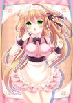  apron bad_id bad_nijie_id blush breasts brown_hair chestnut_mouth frills green_eyes highres large_breasts long_hair looking_at_viewer maid_headdress open_mouth solo wrist_cuffs 