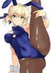  1girl ahoge animal_ears artoria_pendragon_(fate) blonde_hair blue_bow blue_bowtie blue_leotard blue_ribbon blush bow bowtie breasts brown_pantyhose closed_mouth covered_navel detached_collar fake_animal_ears fate/grand_order fate/stay_night fate_(series) from_below green_eyes hair_ribbon haruhisky highres leotard looking_at_viewer medium_breasts pantyhose playboy_bunny rabbit_ears ribbon saber_(fate) simple_background solo split standing standing_on_one_leg standing_split sweat white_background white_wrist_cuffs wrist_cuffs 