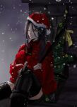  1girl absurdres against_wall ar-18_(girls&#039;_frontline) black_hair black_necktie christmas_tree cloak closed_mouth girls&#039;_frontline gloves highres long_hair masako_(user_thnr3538) mechanical_legs merry_christmas necktie red_cloak sitting snowing white_gloves yellow_eyes 