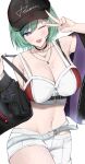  1girl ;d absurdres arm_up armpits bare_shoulders baseball_cap belt black_choker black_headwear black_jacket bra_strap breasts buttons choker cleavage collarbone cowboy_shot crop_top fishnet_pantyhose fishnets green_hair hat highres jacket jewelry large_breasts long_sleeves looking_at_viewer loose_belt midriff mole mole_on_breast nail_polish navel necklace off_shoulder one_eye_closed open_clothes open_jacket pantyhose pulled_by_self purple_eyes red_nails shirt short_hair short_shorts shorts shoulder_tattoo sleeveless sleeveless_shirt smile solo stomach strap_gap strap_pull tattoo v virtual_youtuber vspo! white_shirt white_shorts yakumo_beni yuki_daruma404 