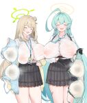  2girls ^_^ absurdres ahoge aqua_hair black_gloves black_skirt blue_archive blue_necktie bra breasts chest_harness closed_eyes covered_nipples djheycha gigantic_breasts gloves green_halo halo harness highres holding holding_bra holding_clothes holding_underwear huge_ahoge id_card lanyard light_brown_hair long_hair long_sleeves multiple_girls necktie nonomi_(blue_archive) plaid plaid_skirt pleated_skirt school_uniform shirt shirt_tucked_in simple_background skirt sweaty_clothes underwear very_long_hair white_background white_shirt yellow_halo yume_(blue_archive) 