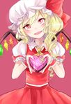  :d blonde_hair box chocolates fangs flandre_scarlet gift hat head_tilt heart-shaped_box looking_at_viewer mob_cap open_mouth red_eyes rosette_(roze-ko) side_ponytail skirt skirt_set smile solo touhou tsurime vest wings 