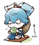  blue_hair chibi cup full_body hat male_focus mizuhara_aki sayo_samonji simple_background sitting solo touken_ranbu translated white_background yunomi 