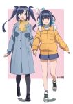  16bit_sensation 2girls akisato_konoha black_hair blue_eyes blue_hair coat fur_collar highres holding_hands ishii_hisao jacket long_hair looking_at_another multicolored_hair multiple_girls open_mouth pantyhose scarf shoes short_hair skirt smile sneakers twintails two-tone_hair yamada_touya 