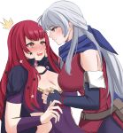  2girls alternate_breast_size bare_shoulders black_cape black_gloves blue_scarf blush bodysuit breasts brown_eyes cape choker cleavage clothing_cutout dress elbow_gloves facial_mark fingerless_gloves fire_emblem fire_emblem:_radiant_dawn fire_emblem_engage full-face_blush gloves grey_hair hair_ornament hair_ribbon half_updo hand_on_another&#039;s_face highres jewelry large_breasts long_hair looking_at_another micaiah_(fire_emblem) multiple_girls open_mouth peli_cantaro red_eyes red_hair ribbon scarf simple_background sleeveless sleeveless_dress smile star_(symbol) star_facial_mark star_hair_ornament upper_body white_background yellow_eyes yunaka_(fire_emblem) yuri 