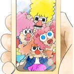  2girls 3boys big_nose blonde_hair bow cellphone facial_hair hair_bow holding holding_phone james_t jamie_t jimmy_t mama_t multiple_boys multiple_girls mustache official_art open_mouth orange_hair papa_t phone pink_hair red_nose smile sunglasses takeuchi_kou third-party_source warioware warioware:_get_it_together! 