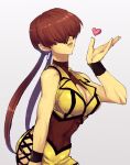  1girl breasts brown_hair cleavage cleavage_cutout clothing_cutout covered_eyes cropped_jacket earrings hair_over_eyes jacket jewelry lips long_hair murata_tefu open_mouth ponytail shermie_(kof) simple_background skirt smile solo split_ponytail the_king_of_fighters white_background 