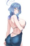  1girl ako_(blue_archive) ako_(dress)_(blue_archive) ass bare_arms bare_shoulders blue_archive blue_dress blue_eyes blue_hair blue_halo blush breasts butt_crack closed_mouth commentary_request dress fingernails from_behind hairband halo highres large_breasts lips looking_at_viewer looking_back manicure medium_hair nail_polish official_alternate_costume purple_nails revealing_clothes sideboob simple_background solo upper_body white_background yosshi_master 