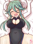  1girl alternate_breast_size alternate_costume artist_logo black_dress blanket blush bouncing_breasts breasts bun_cover china_dress chinese_clothes cleavage_cutout clothing_cutout dated double_bun dress elbow_gloves gloves green_hair hair_between_eyes hair_bun hair_ornament hairclip kanon_(kurogane_knights) kantai_collection large_breasts long_hair lying one-hour_drawing_challenge open_mouth sex spread_legs tears yamakaze_(kancolle) 