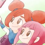  2girls ana_(warioware) blue_scarf child double_bun green_background hair_bun kat_(warioware) multiple_girls official_art orange_hair pink_hair scarf selfie selfie_stick simple_background smile takeuchi_kou third-party_source warioware warioware:_get_it_together! 