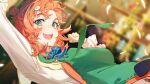  1girl blurry blurry_background commission dutch_angle green_eyes highres horizontal_pupils ibaraki_shun indie_virtual_youtuber looking_at_viewer medium_hair open_mouth red_hair skeb_commission virtual_youtuber 